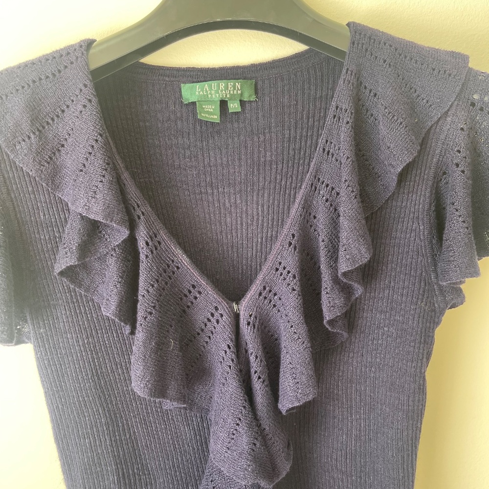 Navy Blue Knit Top with Pointelle Ruffles